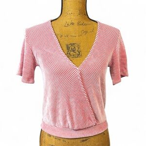 🧁Striped V-Neck Wrap Short Sleeve Top - Red/White